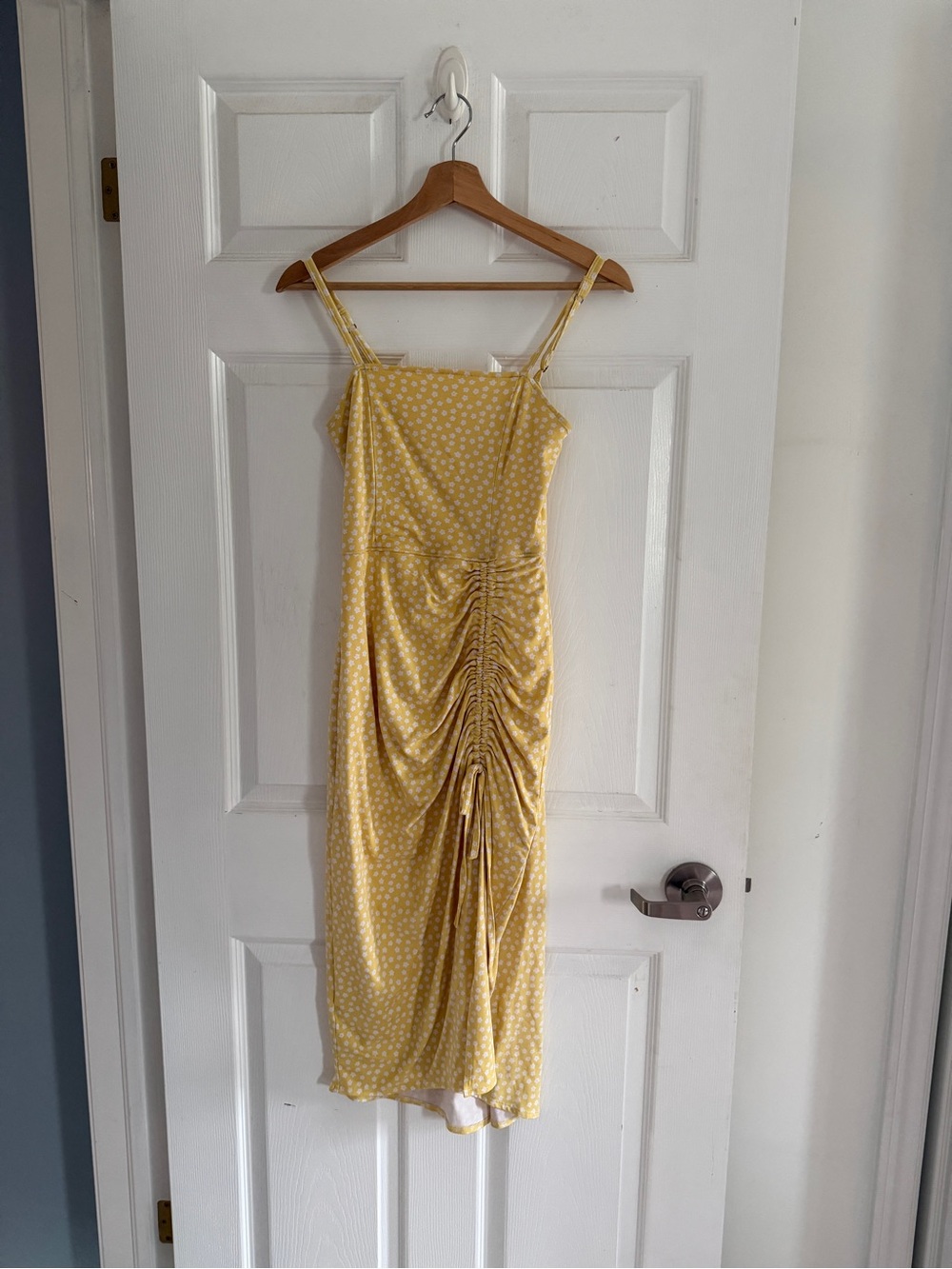 Hollister Yellow Polka Dot Ruched Spaghetti Strap Midi Dress